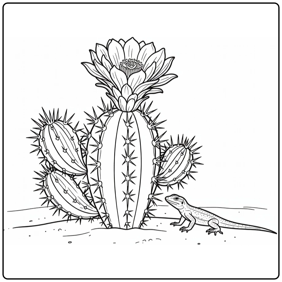 Cactus flower coloring page showing a blooming cactus and lizard