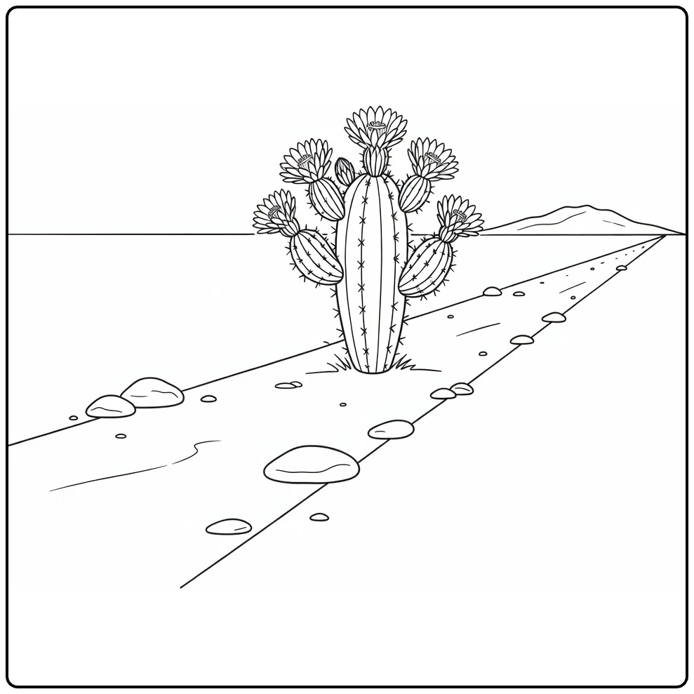 Cactus flower coloring page showing a cactus near a desert trail