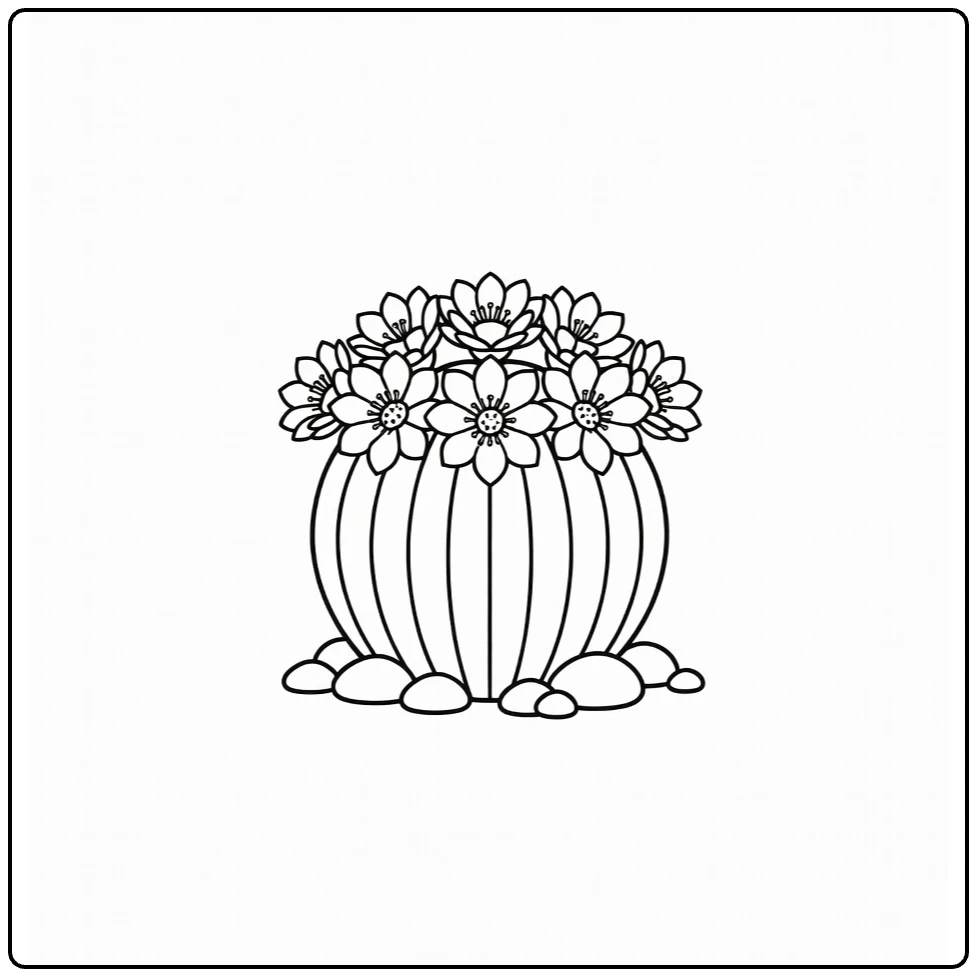Cactus flower coloring page featuring a blooming barrel cactus
