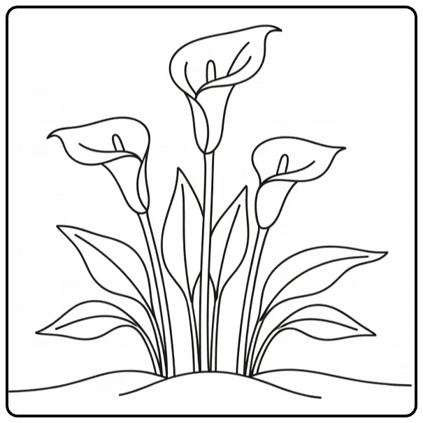 Calla lily coloring page featuring three flowers in a garden bed