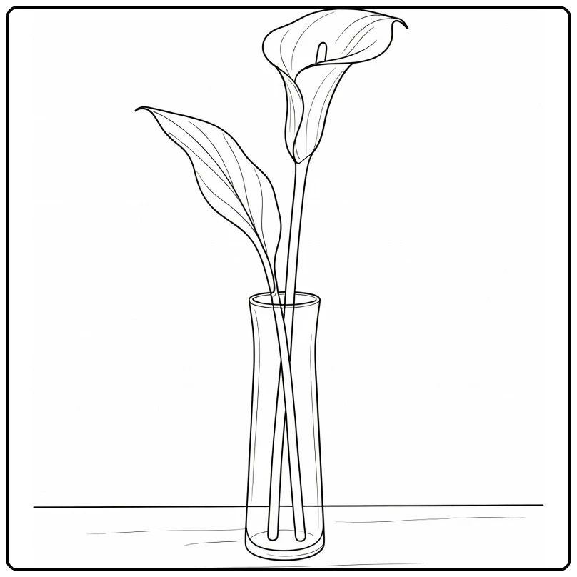 Calla lily coloring page showing one flower in a glass vase