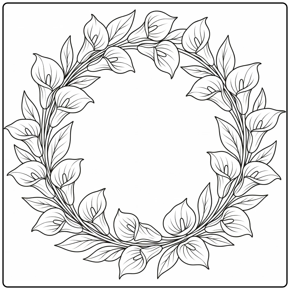 Calla lily coloring page featuring an elegant flower wreath
