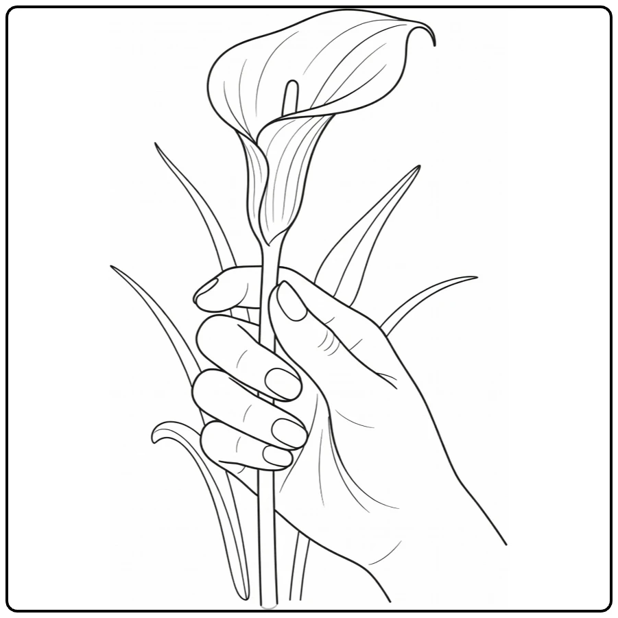 Calla lily coloring page featuring a hand holding flowers