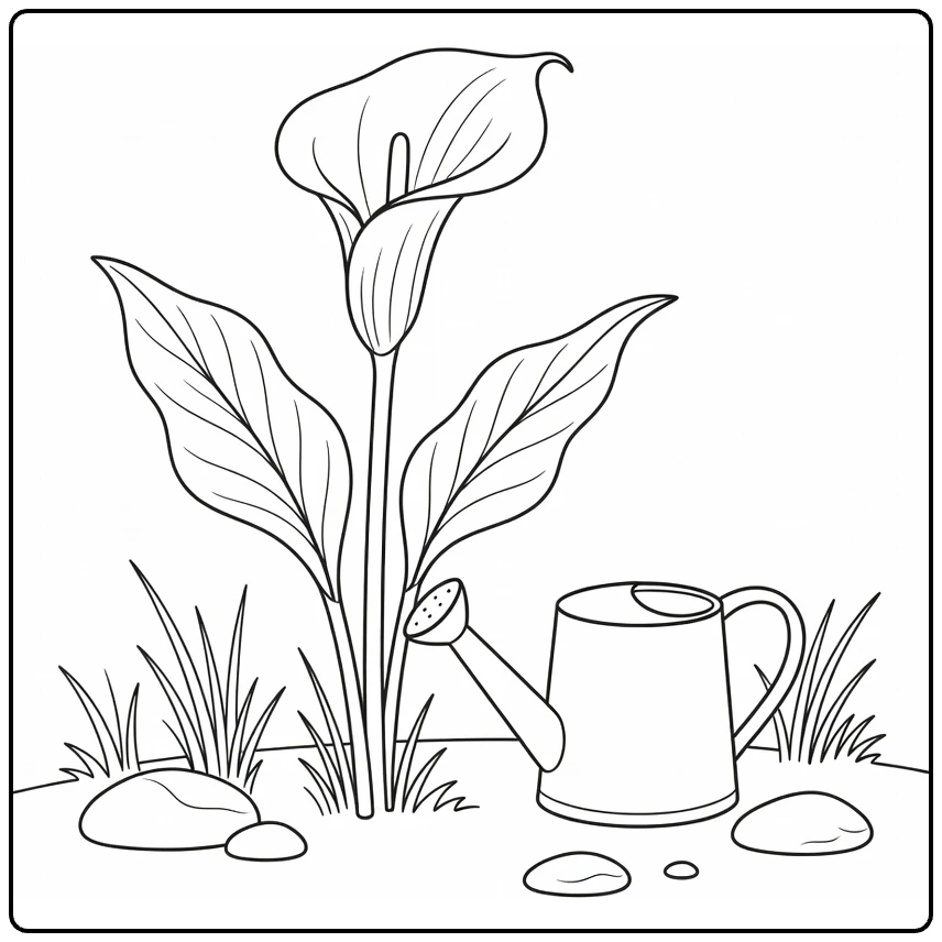 Calla lily coloring page featuring a flower and watering can
