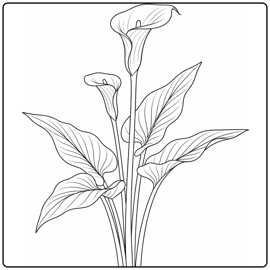 Calla lily coloring page showing a flower, bud, and leaves