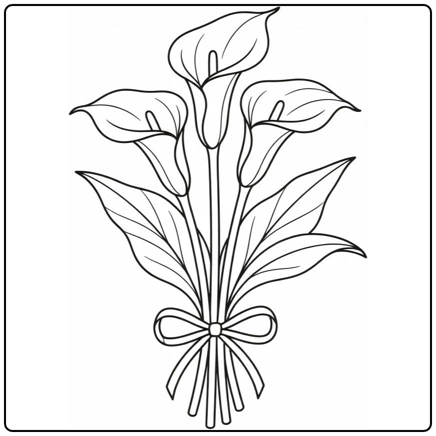 Calla lily coloring page showing three flowers in a bouquet