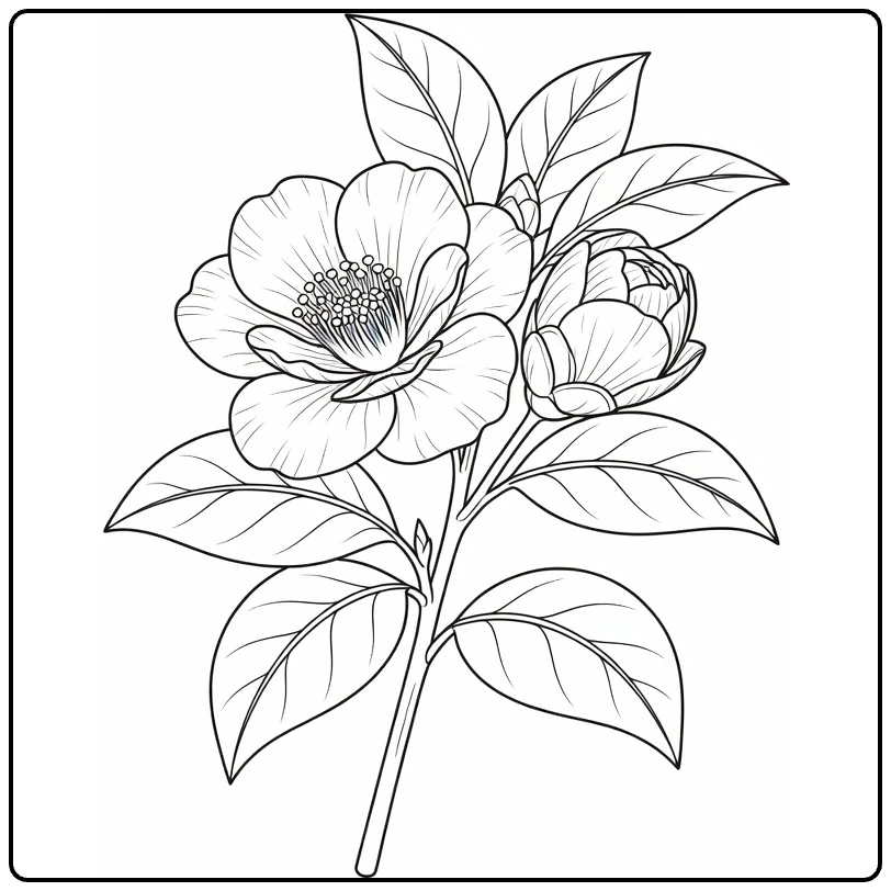Botanical camellia coloring page with a bloom, bud, and leaves