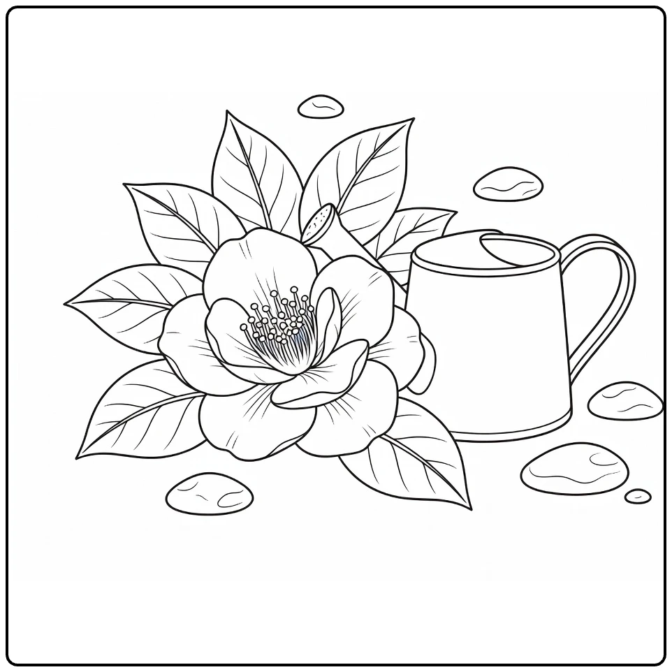 Garden camellia coloring page with a flower next to a watering can