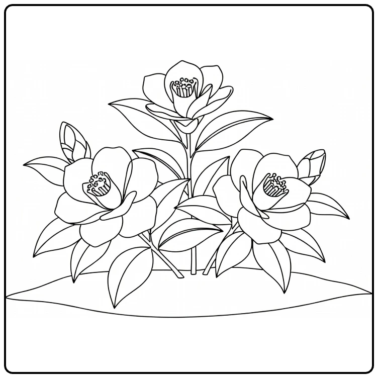Camellia coloring page featuring three flowers in a garden