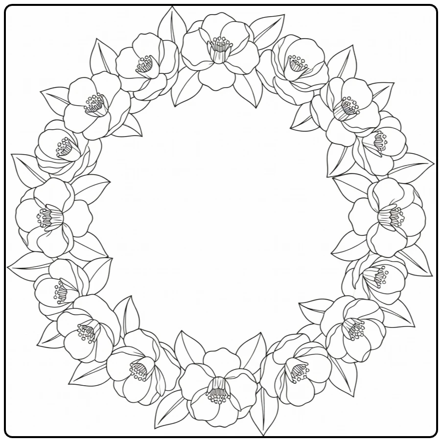 Camellia coloring page with flowers arranged in a round wreath