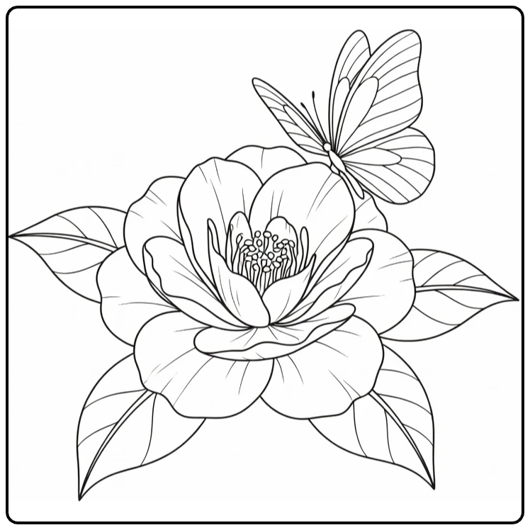 Camellia coloring page showing a butterfly perched on the blossom