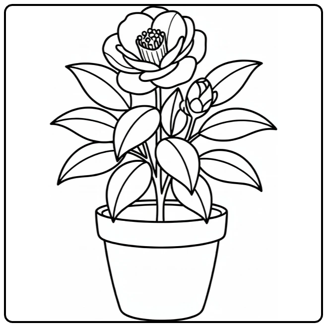 Potted camellia coloring page showing a flowering plant with a bud