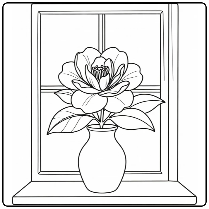Camellia coloring page showing a blossom in a windowsill vase