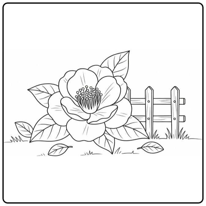 Garden coloring page featuring a camellia bloom beside a wooden fence
