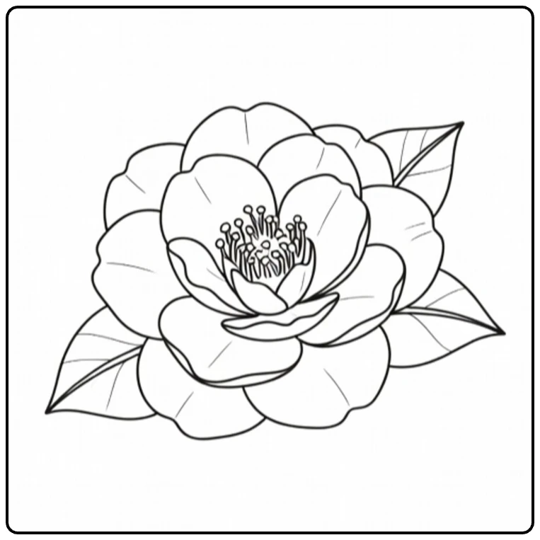 Camellia coloring page featuring a layered flower on a greeting card