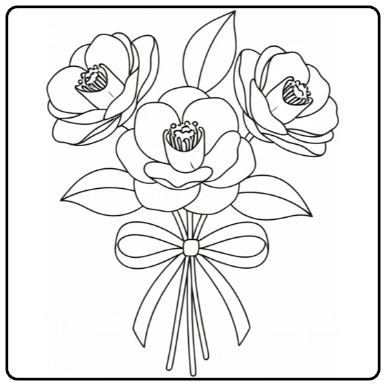 Camellia coloring page showing a compact flower bouquet tied with ribbon