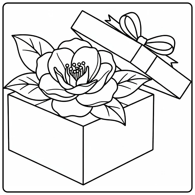 Gift-themed camellia coloring page with a flower in an open box