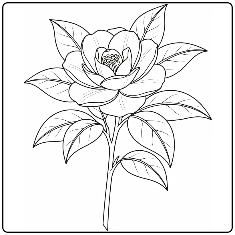 Camellia coloring page featuring one layered bloom on a leafy stem