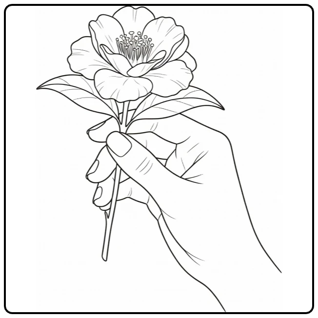 Camellia coloring page featuring a hand holding a layered flower