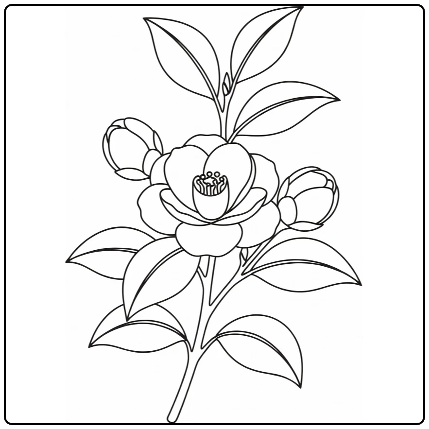 Camellia coloring page featuring a blossom branch with two buds