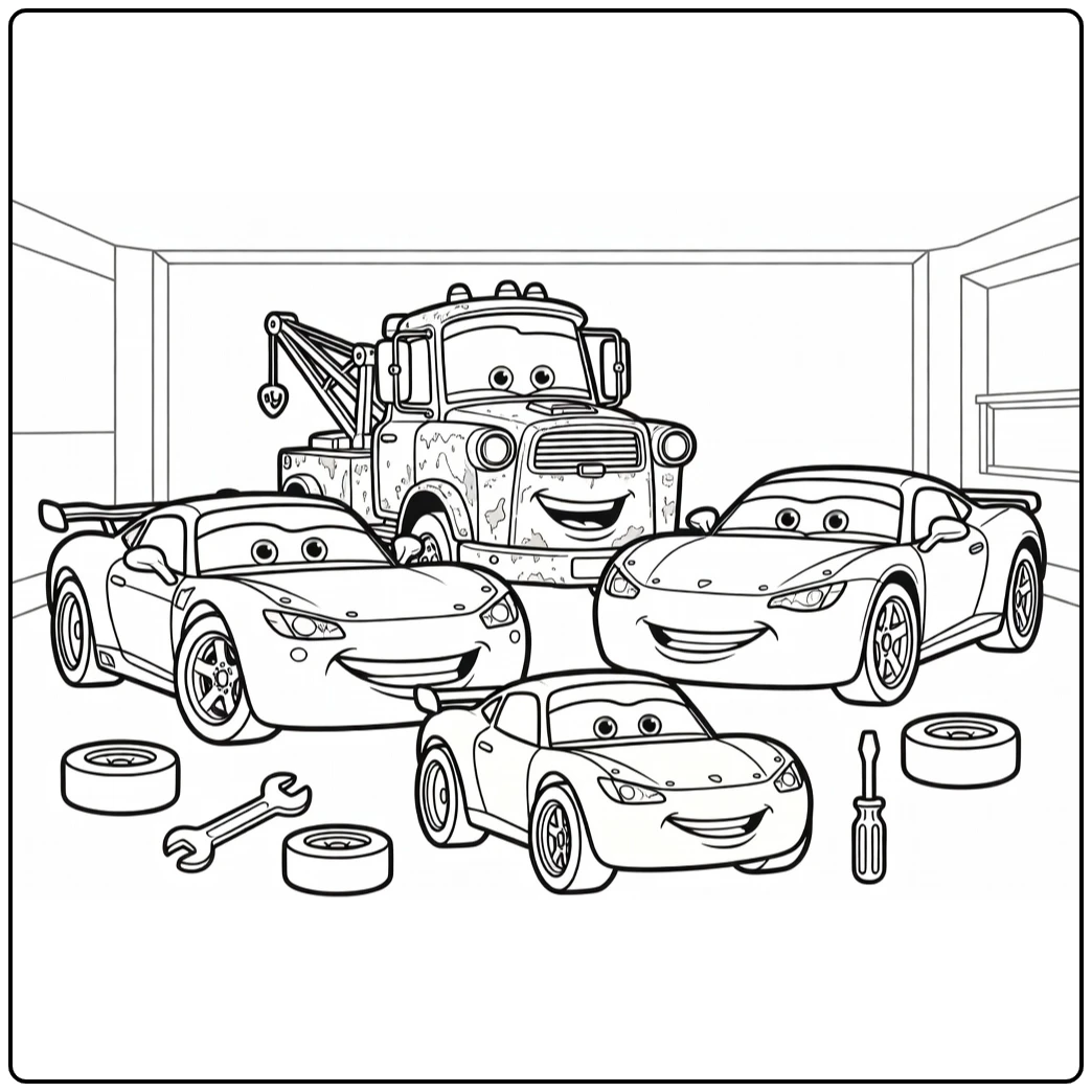 cars Cars Ready for Roadtrip in Garage coloring page