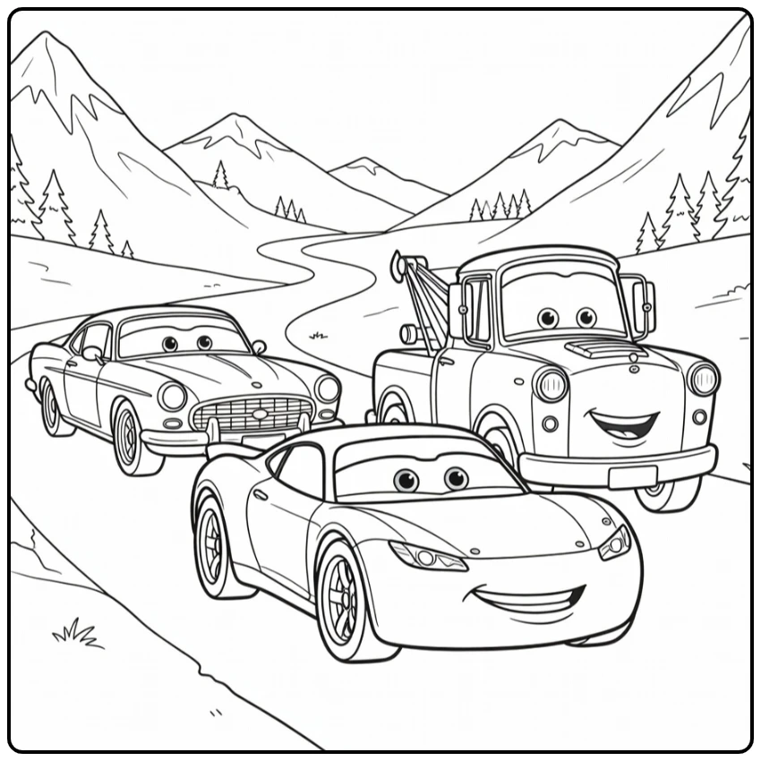 Cars coloring page with a road trip through the mountains