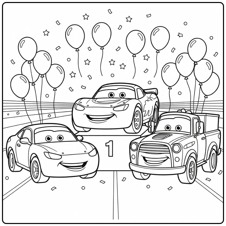 cars Happy Disney Cars with Winner Podium coloring page