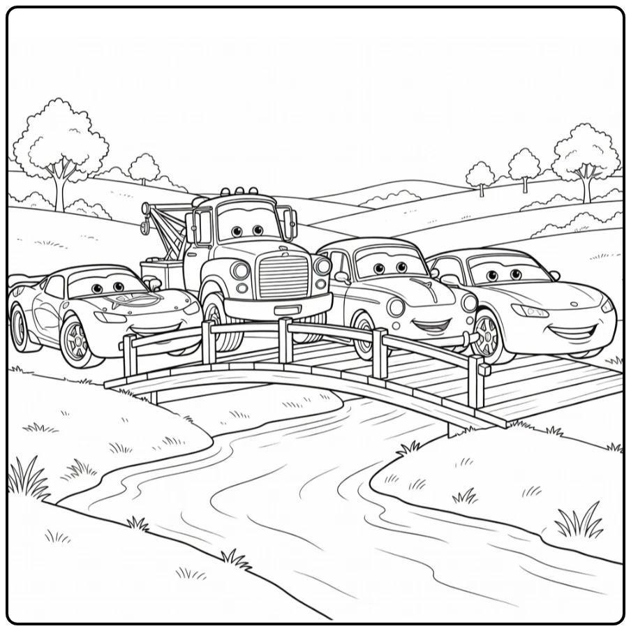 cars Vier Disney Cars Bridge Oversteken coloring page