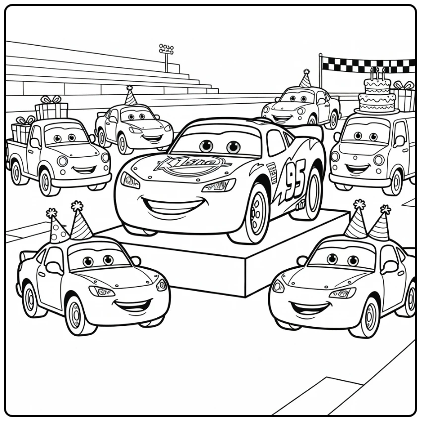 cars Verjaardag Party with Kampioen and Friends coloring page
