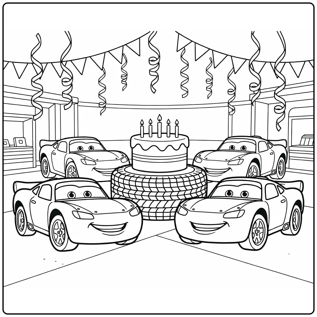 cars Verjaardag Party with Pratende Cars in Pit Stop coloring page