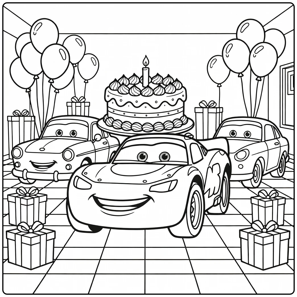 cars Verjaardag Garageparty with Happy Car coloring page