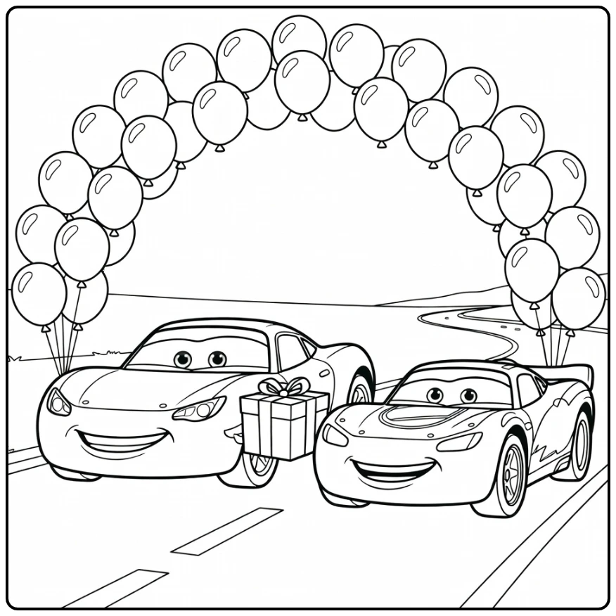 Cars birthday coloring page with a gift and balloon arch