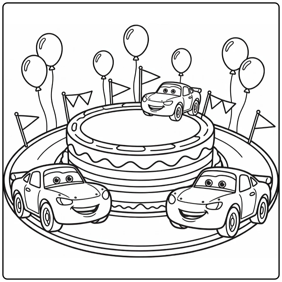 cars Verjaardag Smiling Cars Rond Taart coloring page