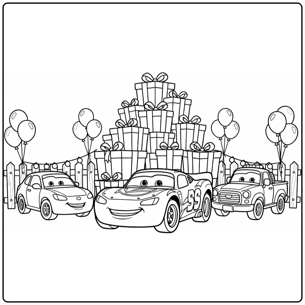 cars Verjaardag Race Car Posing with Cadeaus and Feestballonnen coloring page