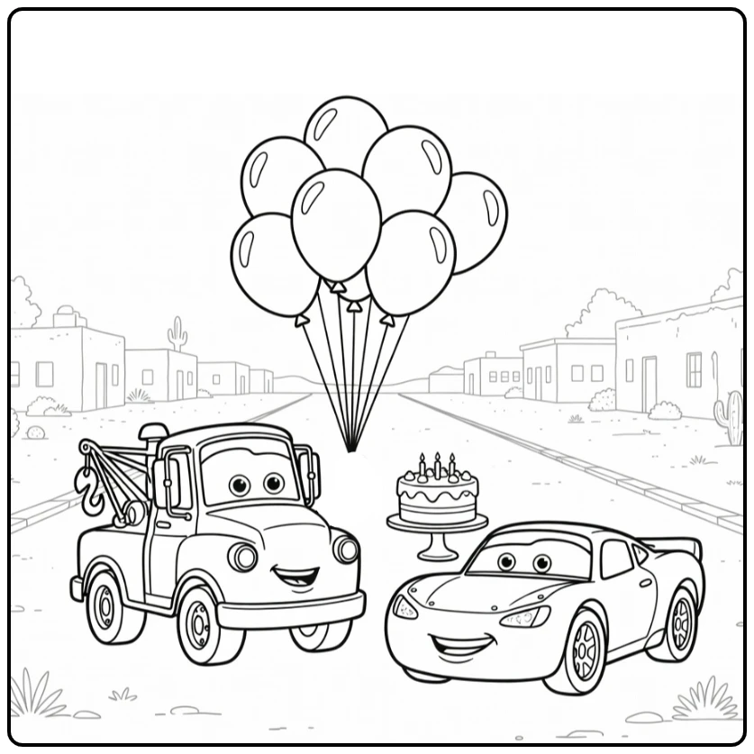 cars Verjaardag Sleepwagen with Balloons in Woestijnstad coloring page