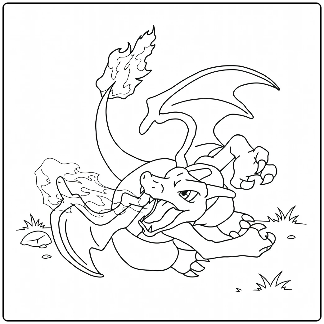 charizard coloring page in dynamische aanvalspose