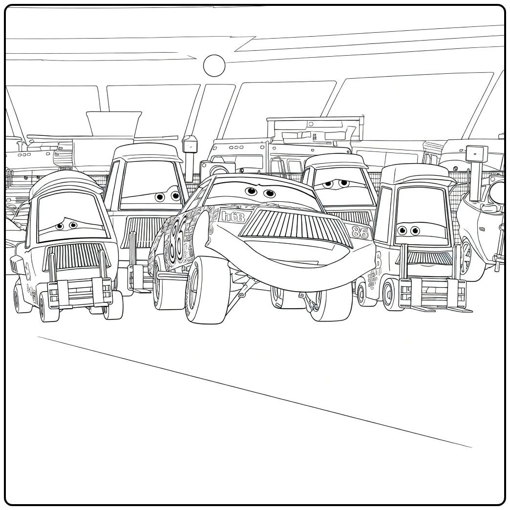 chick Hicks Cars Schurk with Team Voertuigen coloring page