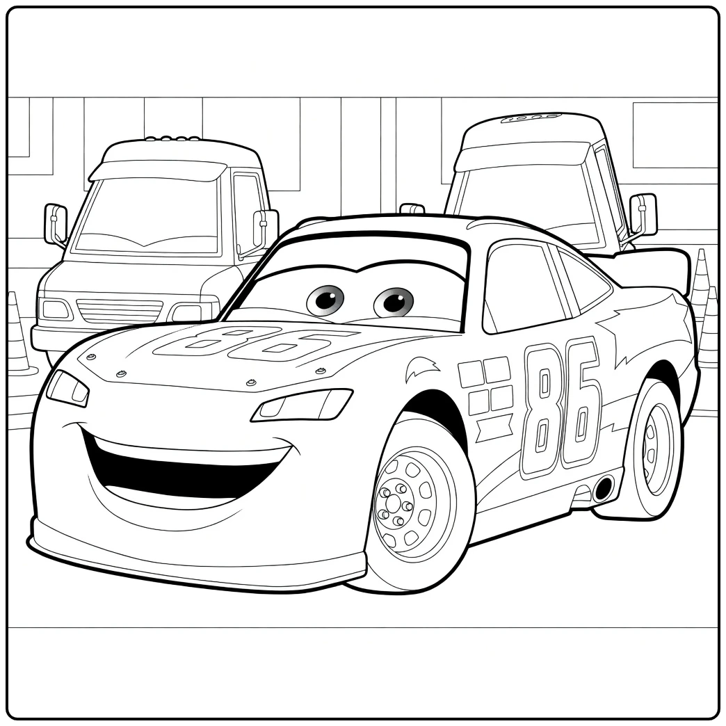 chick Hicks in Pit Stop with Trucks and Cones coloring page
