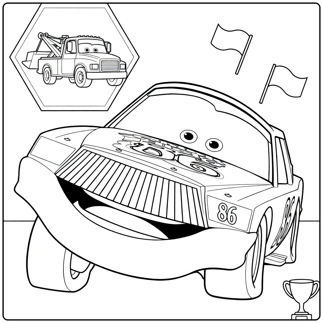 chick Hicks Mater and Overwinningstrofee coloring page