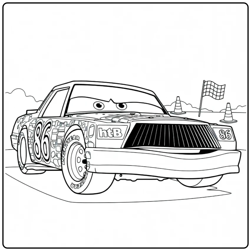 Chick Hicks coloring page with race car number 86 on a circuit