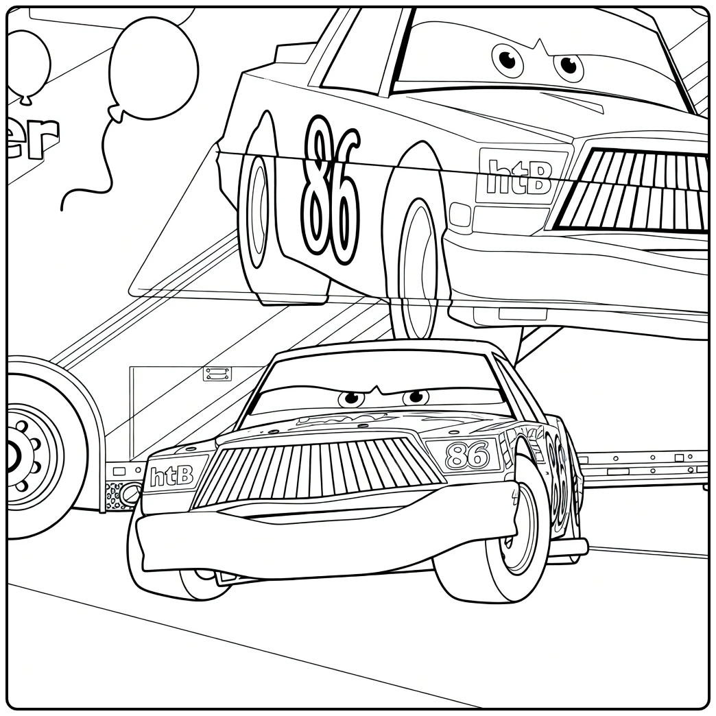 chick Hicks Race Car on Vrachtwagen and Party coloring page