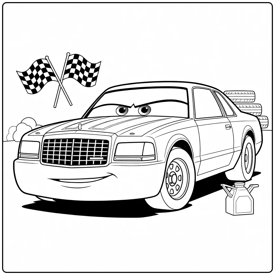 chick Hicks from Cars with Tires and Flags coloring page