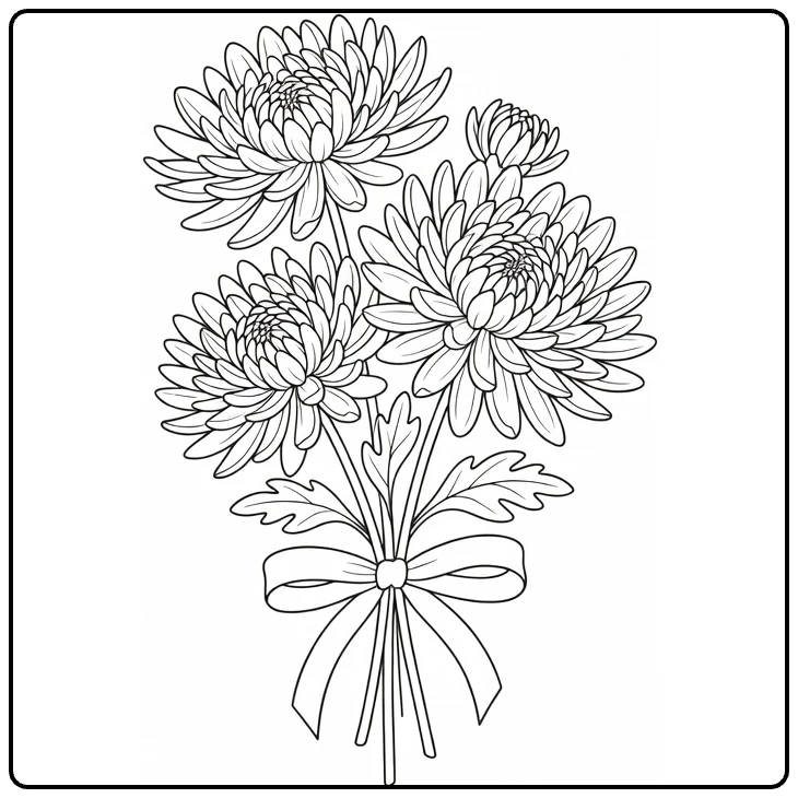 Chrysanthemum coloring page featuring three flowers in a bouquet