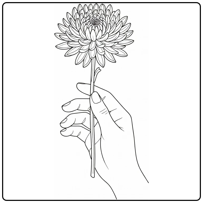 Chrysanthemum coloring page featuring a hand holding a flower stem