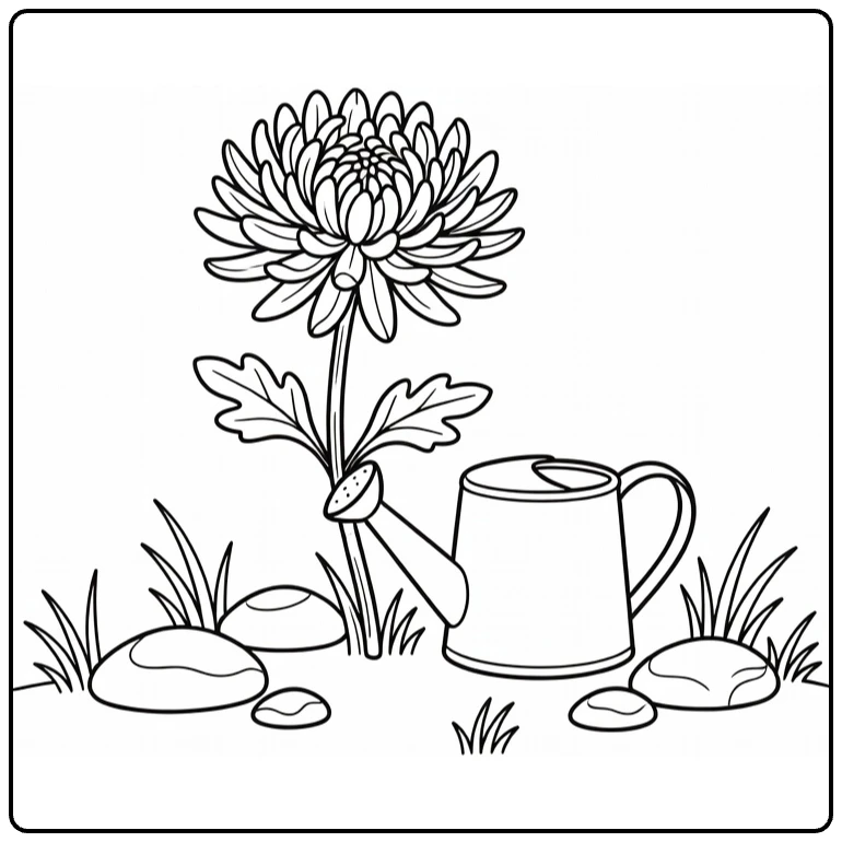 Chrysanthemum coloring page showing a flower beside a watering can
