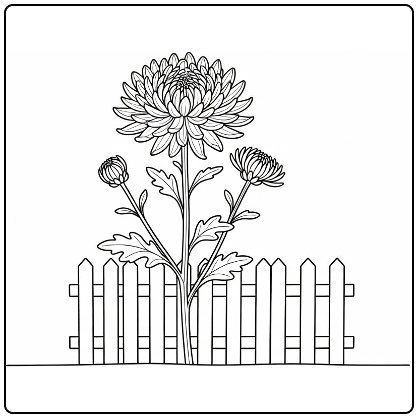 Chrysanthemum coloring page showing a flower beside a wooden fence