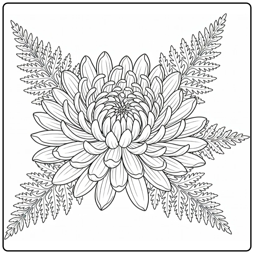 Chrysanthemum coloring page featuring a flower with fern leaves