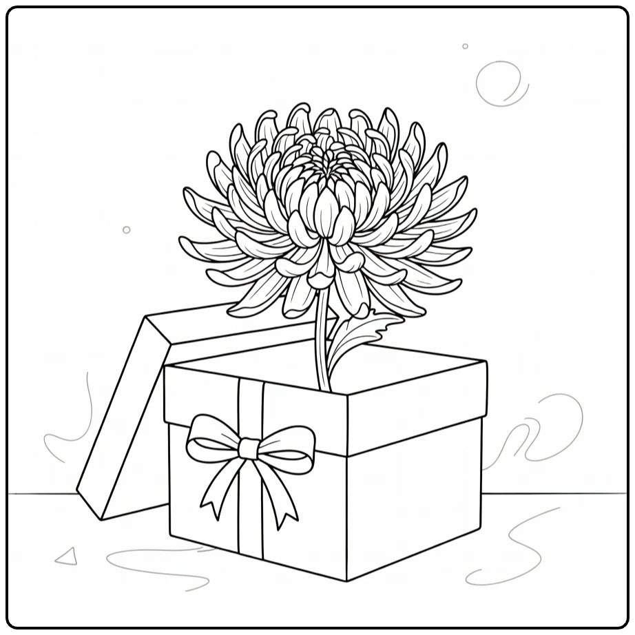 Chrysanthemum coloring page featuring a flower in an open gift box