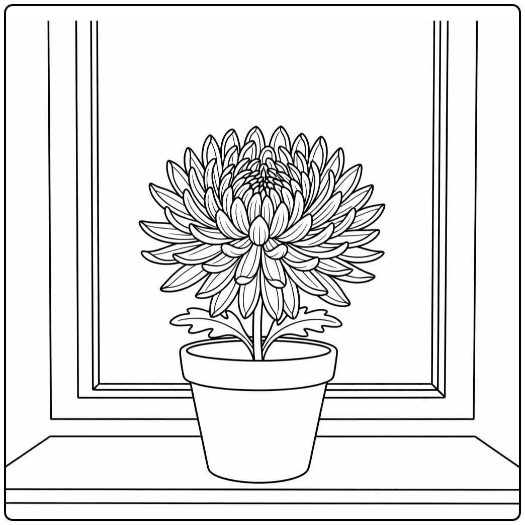 Chrysanthemum coloring page showing a flower in a pot on a windowsill
