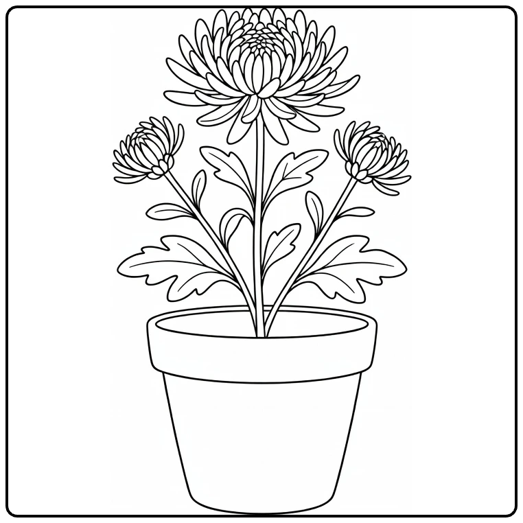 Chrysanthemum coloring page showing a potted plant with an open flower